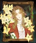  1girl aerith_gainsborough brown_hair choker commentary final_fantasy final_fantasy_vii final_fantasy_vii_remake flower flower_choker green_eyes hair_ribbon jacket jewelry long_hair looking_to_the_side necklace parted_bangs picture_frame pink_ribbon plant portrait red_jacket ribbon symbol-only_commentary txasttszu vines 