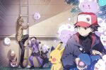  1girl 2boys 6+others 88_(einnimnech) ? berry_(pokemon) black_fur black_hat black_pants blue_oak brown_eyes brown_fur brown_hair closed_mouth cotton_candy denim eevee harmony_(pokemon) hat jacket jeans ladder leggings multiple_boys multiple_others open_mouth original pants pecha_berry pikachu pointing poke_ball pokemon pokemon_(creature) pokemon_legends:_z-a purple_hair purple_leggings red_(pokemon) red_eyes signature spoken_question_mark swirlix tongue tongue_out tree umbreon yellow_fur 