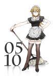  1girl 203wolves alternate_costume apron bangs black_footwear black_shirt black_skirt black_thighhighs blonde_hair brown_eyes closed_mouth collarbone enmaided frilled_skirt frills frown full_body hair_between_eyes hand_on_hilt hand_on_hip high_heels highres long_hair looking_at_viewer maid maid_headdress miniskirt pleated_skirt shirt short_sleeves skirt solo standing tenjouin_asuka thighhighs waist_apron white_apron white_background wrist_cuffs yu-gi-oh! yu-gi-oh!_gx zettai_ryouiki 