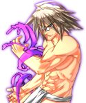  1boy abs ahoge arm_up artist_request cowboy_shot facing_ahead game_cg hair_over_one_eye labyrinth_of_touhou labyrinth_of_touhou_(series) lowres male_focus morichika_rinnosuke muscular muscular_male non-web_source outline purple_outline retro_artstyle round_eyewear smirk spiked_hair topless_male touhou transparent_background umbrakinesis underwear underwear_only white_loincloth 