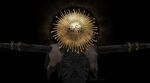  1boy absurdres ashencrow black_background cape capelet colored_skin elden_ring emaciated facing_viewer gold_armband gold_embroidery goldmask's_mask goldmask_(elden_ring) grey_skin halo halo_behind_head highres male_focus mask signature solo t-pose torn_cape torn_clothes upper_body white_capelet 