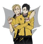  2boys black_eyes black_shorts clenched_teeth closed_mouth crossed_arms gao haikyuu!! highres jacket looking_at_viewer miya_atsumu mkyn29 mole_above_eye multiple_boys sakusa_kiyoomi short_hair shorts sleeves_rolled_up sportswear teeth volleyball_uniform white_background yellow_eyes yellow_jacket 