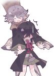  2others ^^^ ^_^ absurdres amoris_(aam0ris) androgynous arms_around_neck ascot bare_legs bare_shoulders black_coat black_hair black_sleeves brown_ascot brown_coat closed_eyes coat coattails collared_coat collared_shirt commentary detached_sleeves dot_nose enraku_tsubakura faceless green_hakama grey_hair hair_between_eyes hakama hakama_short_skirt hakama_skirt happy hashtag-only_commentary highres houlen_yabusame hug hug_from_behind incoming_hug japanese_clothes lapels layered_sleeves len'en light_blush long_hair_between_eyes long_sleeves multiple_others neck_ribbon no_headwear notched_lapels open_mouth other_focus other_with_other puffy_short_sleeves puffy_sleeves red_ribbon ribbon ribbon-trimmed_coat ribbon_trim shaded_face shirt short_hair_with_long_locks short_over_long_sleeves short_sleeves sidelocks simple_background skirt sleeveless sleeveless_coat sleeveless_shirt smile surprised sweatdrop tailcoat v-shaped_eyebrows white_background white_shirt white_sleeves wide_sleeves 