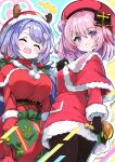  2girls black_pantyhose blue_archive feathers gift halo hanae_(blue_archive) hanae_(christmas)_(blue_archive) handbell highres multiple_girls omochishiki pantyhose pink_eyes pink_hair purple_hair santa_costume serina_(blue_archive) serina_(christmas)_(blue_archive) 