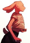  2019 anthro azuza bottomwear cheek_tuft clothed clothing dated ears_back eyes_closed facial_tuft female half-length_portrait head_tuft hi_res lagomorph leporid long_ears mammal mouth_closed pants pattern_clothing pattern_topwear pivoted_ears portrait rabbit restricted_palette scut_tail short_tail signature simple_background solo striped_clothing striped_topwear stripes tail topwear tuft white_background 