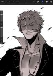  1boy art_program_in_frame chinese_commentary closed_mouth earrings greyscale highres jewelry looking_ahead male_focus monochrome mrjieshisu one_eye_closed one_piece roronoa_zoro scar scar_across_eye scar_on_chest scar_on_face short_hair simple_background solo upper_body v-shaped_eyebrows 