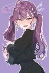  1girl ahoge black_jacket black_skirt blush braid breasts butterfly_hair_ornament commentary cropped_jacket dot_nose embarrassed fangs from_side gakuen_idolmaster gokugetsu_academy_school_uniform grabbing_own_hair hair_between_eyes hair_ornament high-waist_skirt highres holding holding_own_hair idolmaster jacket kaya_rinha long_hair long_sleeves looking_at_viewer medium_breasts mole mole_on_neck munoekaki6 nose_blush open_mouth outline purple_background purple_eyes purple_hair school_uniform shirt shout_lines side_braid sidelocks simple_background skirt solo speech_bubble sweat teeth translation_request turning_head twintails twitter_username upper_body v-shaped_eyebrows white_outline white_shirt 