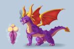  activision balls bodily_fluids claws dragon erection feral genital_fluids genitals hi_res horn male membrane_(anatomy) membranous_wings nude open_mouth penis purple_body scalie solo spyro spyro_the_dragon western_dragon wings zhellih 