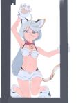  1girl ahoge akinbo_(hyouka_fuyou) animal_ears animal_hands arm_up armpits bangs bell bra brown_eyes brown_hairband cat_ears cat_tail closed_mouth collar fake_animal_ears flat_chest frown fur-trimmed_bra fur-trimmed_shorts fur_trim gloves grey_hair gundam gundam_suisei_no_majo hair_between_eyes hairband highres long_hair looking_at_viewer miorine_rembran navel neck_bell paw_gloves red_collar short_shorts shorts solo tail underwear white_background white_bra white_shorts 