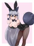  1girl animal_ears aramaru black_bow black_bowtie black_leotard blush bow bowtie breasts bunny_pose covered_navel detached_collar extra_ears fake_animal_ears fake_tail fishnet_pantyhose fishnets fox_ears fox_tail hanging_breasts high_heels highres kemono_friends large_breasts leotard long_hair looking_at_viewer orange_eyes pantyhose playboy_bunny rabbit_ears rabbit_tail silver_fox_(kemono_friends) solo strapless strapless_leotard tail very_long_hair wrist_cuffs 
