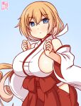  1girl alternate_costume artist_logo black_hairband blonde_hair blue_background blue_eyes blush breasts commentary_request cowboy_shot crown dated hair_between_eyes hairband hakama hakama_skirt japanese_clothes kanon_(kurogane_knights) kantai_collection kimono large_breasts logo long_hair long_sleeves looking_at_viewer miko one-hour_drawing_challenge red_hakama sideboob simple_background skirt solo valiant_(kancolle) white_background white_kimono 