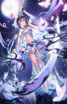  1girl absurdres arm_up bare_shoulders barefoot black_hair breasts bug butterfly closed_mouth colored_inner_hair commentary dress dutch_angle english_commentary flower full_body full_moon hair_flower hair_ornament highres holding holding_scythe honkai_(series) honkai_impact_3rd long_hair medium_breasts moon multicolored_hair navel night outdoors purple_eyes red_butterfly ripples scythe seele_vollerei seele_vollerei_(herrscher_of_rebirth) sky sleeveless sleeveless_dress smile solo star_(sky) starry_sky thigh_strap very_long_hair vivi_zerou water white_dress white_hair 