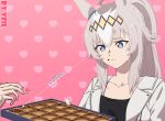  1girl 1other alternate_costume animal_ears black_skirt blue_eyes box box_of_chocolates chocolate collarbone ear_ornament food food_on_face grey_hair hair_ornament hairband highres holding horse_ears horse_girl jacket long_hair oguri_cap_(umamusume) pink_background skirt solo_focus umamusume umamusume:_cinderella_gray upper_body veilxliev white_jacket 