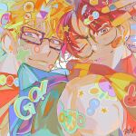  2boys bandaid bandaid_on_cheek bandaid_on_face battle_tendency bespectacled black-framed_eyewear blonde_hair blue_eyes blue_jacket brown_hair caesar_anthonio_zeppeli closed_mouth commentary_request glasses green_eyes jacket jojo_no_kimyou_na_bouken joseph_joestar joseph_joestar_(young) korean_commentary looking_to_the_side male_focus multiple_boys one_eye_closed parted_hair rectangular_eyewear scarf senzzang sideways_glance smile sticker 