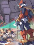  2boys absurdres android armor blonde_hair dr._weil_(mega_man) energy_sword forehead_jewel grey_hair helmet highres holding holding_sword holding_weapon long_hair male_focus mega_man_(series) mega_man_zero_(series) multiple_boys old old_man omochi_(mochi_skymega) red_armor red_helmet solo_focus standing sword weapon z_saber zero(z)_(mega_man) zero_(mega_man) 
