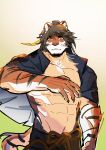  1boy abs absurdres animal_ears arknights bara chinese_commentary furry furry_male gradient_background headband highres huai_tianpei_(arknights) long_hair looking_at_viewer male_focus ohusito pectorals simple_background striped tail tiger_boy tiger_ears tiger_tail 