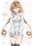  1girl alternate_costume artist_name black_thighhighs blonde_hair blue_eyes breasts commentary_request cowboy_shot dated dress gakky grey_sweater hair_between_eyes hairband highres kantai_collection long_hair looking_at_another looking_at_viewer medium_breasts one-hour_drawing_challenge open-chest_sweater ribbed_sweater smile solo sweater sweater_dress thighhighs turtleneck turtleneck_sweater valiant_(kancolle) white_background 