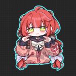  :3 black_background braid braided_twintails cardigan chest_bow chibi chinese_commentary commentary green_eyes hair_ornament hearing_aid highres loose_thighhigh low_twin_braids multiple_hair_ribbons pink_cardigan red_bandage red_hair shiroinu sphere_hair_ornament spiked_jacket tanuki twin_braids ukinami_yuzuha zenless_zone_zero 
