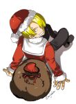  1boy black_pants blonde_hair curly_eyebrows facial_hair goatee hashtag-only_commentary hat highres looking_back male_focus mrjieshisu one_piece pants sack sanji_(one_piece) santa_hat short_hair sitting smile solo twitter_username white_background 