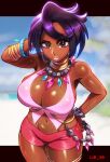  1girl aqua_gem artist_name bare_arms bare_shoulders bead_necklace beads black_hair bracelet breasts cleavage dark-skinned_female dark_skin diamond_(gemstone) diamond_(shape) diamond_earrings earrings gem halter_shirt halterneck highres jewelry large_breasts lib_100 nail_polish neck_ring necklace olivia_(pokemon) pink_gem pink_lips pokemon pokemon_sm purple_shorts short_hair shorts smile solo tsurime z-ring 