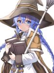  1girl bangs blue_eyes blue_hair blush book book_hug braid brown_cape brown_capelet brown_headwear cape capelet collared_shirt commentary crossed_bangs dress hair_between_eyes hat highres holding holding_book long_braid long_hair long_sleeves looking_at_viewer mushoku_tensei nean object_hug roxy_migurdia shirt simple_background smile solo staff tsurime twin_braids upper_body white_background white_dress witch_hat 