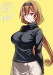  1girl black_hairband black_shirt blonde_hair blue_eyes breasts character_name commentary_request cowboy_shot dated engo_(aquawatery) grey_skirt hair_between_eyes hairband kantai_collection large_breasts long_hair long_sleeves looking_at_viewer shirt signature skirt turtleneck turtleneck_shirt valiant_(kancolle) yellow_background 
