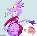  2023 amy_rose anthro blaze_the_cat blush butt dialogue digital_media_(artwork) english_text eulipotyphlan eyes_closed female fingers hedgehog hi_res kappa_spark mammal open_mouth sega simple_background sonic_the_hedgehog_(series) text 