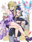  1boy 1girl absurdres adaman_(palentine's_2026)_(pokemon) adaman_(pokemon) alternate_color black_shirt blonde_hair blue_hair blue_necktie blush bow breasts carrying carrying_person closed_mouth collared_shirt colored_sclera commentary_request dress eyebrow_cut flower green_hair hair_between_eyes headband highres irida_(anniversary_2025)_(pokemon) irida_(pokemon) jacket long_hair multicolored_hair neckerchief necktie official_alternate_costume open_clothes open_jacket open_mouth pants pink_eyes pink_sclera pointing pokemoa pokemon pokemon_(creature) pokemon_masters_ex ponytail purple_dress purple_headband purple_neckerchief purple_shorts purple_wrist_cuffs ribbon shiny_pokemon shirt shoes short_hair shorts shorts_under_dress sleeveless sleeveless_dress small_breasts smile sylveon teeth upper_teeth_only watch white_pants wrist_cuffs wristwatch 