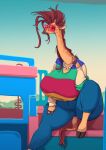  anthro big_breasts bottomwear breasts brown_hair clothed clothing cloven_hooves curvy_figure denim denim_bottomwear denim_clothing digit_ring ear_piercing ear_ring eyewear female fingers giraffe giraffe_mom giraffid glasses hair hi_res hooves huge_breasts javanshir jeans jewelry mammal mature_anthro mature_female necklace open_mouth outside pants piercing ring ring_piercing sitting solo sweater tail thick_thighs topwear voluptuous wedding_ring wide_hips 