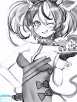  1girl animal_ears breasts dice_hair_ornament greyscale grin hair_ornament hakos_baelz hakos_baelz_(rat) highres holding holding_tray hololive hololive_english irys_(hololive) leotard looking_at_viewer medium_breasts monochrome mouse_ears mouse_girl mouse_tail multicolored_hair nanashi_(nlo) one_eye_closed sharp_teeth simple_background smile smol_irys solo streaked_hair tail teeth tray twintails virtual_youtuber white_background 