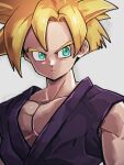  1boy blonde_hair closed_mouth dougi dragon_ball dragon_ball_z green_eyes grey_background kemachiku male_focus pectorals simple_background sleeveless solo son_gohan spiked_hair super_saiyan super_saiyan_1 upper_body 