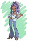  1girl blue_pants breasts brown_footwear chalk closed_mouth full_body hand_on_hip high_heels highres long_hair looking_at_viewer medium_breasts pants pokemon pokemon_(game) pokemon_sv ponytail purple_eyes purple_hair raifort_(pokemon) sabaku_chitai semi-rimless_eyewear shirt_partially_tucked_in shoes smile solo under-rim_eyewear watch wristwatch yellow-framed_eyewear 