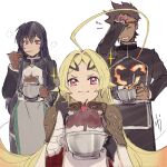  1boy 2girls :3 ahoge armor black_gloves black_hair black_jacket blonde_hair blush bowl brain_freeze brown_gloves cherry chocolate clenched_teeth closed_mouth commentary_request dark-skinned_male dark_skin fiery_hair food forbartz_xylo fruit gloves hand_on_own_head hand_up holding holding_bowl holding_spoon huge_ahoge ice_cream jacket kivia_patausche multiple_girls parted_bangs purple_hair red_eyes sakai_wau shoulder_armor simple_background smile spiked_hair spoon squeans squiggle teeth teoritta upper_body white_background yuushakei_ni_shosu 