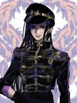  1girl black_gloves black_hair blue_eyes closed_mouth commentary epaulettes extra_arms gloves hashtag-only_commentary hat high_collar highres long_hair mrjieshisu nico_robin one_piece smile solo symbol-only_commentary upper_body white_background 