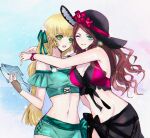  2girls ;) absurdres bare_arms bare_shoulders bikini blonde_hair commentary dorothea_arnault dorothea_arnault_(summer) fire_emblem fire_emblem:_three_houses fire_emblem_heroes fish green_bikini green_eyes green_ribbon hair_ribbon hele highres holding hug ingrid_brandl_galatea ingrid_brandl_galatea_(summer) looking_at_viewer multiple_girls navel off-shoulder_bikini off_shoulder official_alternate_costume one_eye_closed ribbon sarong short_sleeves smile stomach swimsuit upper_body yuri 