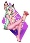  absurd_res anthro areola breasts canid canine female finger_point fox fur fuzzy green_hair hair hand_behind_head hi_res hima_nsfw himalaya_(hima_nsfw) mammal one_eye_closed pink_body pink_fur raised_foot solo tan_body tan_fur tongue tongue_out wink 