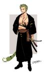  1boy absurdres animal_ears black_kimono earrings full_body green_hair haramaki hashtag-only_commentary highres holding holding_sword holding_weapon japanese_clothes jewelry kimono looking_at_viewer male_focus mrjieshisu one_piece roronoa_zoro scar scar_across_eye scar_on_face short_hair solo stitched_torso stitches sword tail tiger_ears tiger_tail twitter_username weapon 