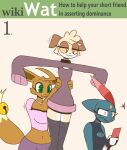  :3 annoyed anthro arte_(r-mk) bell canid canine canis clothed clothing domestic_dog eevee english_text female generation_1_pokemon generation_2_pokemon hi_res humor kenny_(r-mk) legwear lifting_another lifting_up looking_annoyed looking_down looking_down_at_another mammal naomi_(r-mk) nintendo phone pokemon pokemon_(species) r-mk sneasel t-pose text wikihow 