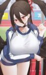  1girl black_choker black_wings blue_archive blue_jacket blue_shorts blush breasts brown_hair choker closed_mouth collarbone crying_eye day feathered_wings gym_shirt gym_shorts hair_between_eyes halo hasumi_(blue_archive) hasumi_(gym_uniform)_(blue_archive) highres holding holding_pen huge_breasts jacket leaning_forward long_hair long_sleeves looking_at_viewer mole mole_under_eye official_alternate_costume open_clothes open_jacket outdoors pen ponytail red_eyes shirt short_shorts shorts solo track_and_field track_jacket very_long_hair white_shirt wings 