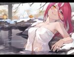  1girl absurdres bare_shoulders bathing breasts bright_pupils cleavage closed_mouth collarbone grey_hair heterochromia highres hololive houshou_marine lantern long_hair looking_at_viewer medium_breasts multicolored_hair naked_towel navel onsen orange_eyes partially_submerged pink_hair rabbit red_eyes red_hair smile snow solo streaked_hair towel virtual_youtuber water yellow_eyes yoshikawa_hiro 