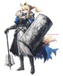  1girl absurdres animal_ears arknights armor blonde_hair blue_cape breastplate cape elden_ring franlol full_armor full_body gauntlets helmet highres holding holding_shield holding_weapon horse_ears horse_girl horse_tail knight long_hair looking_at_viewer mace nearl_(arknights) pauldrons shield shoulder_armor spiked_mace spikes tail weapon yellow_eyes 