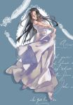  1girl blue_background closed_eyes dress earrings feathers floating_hair full_body hashtag-only_commentary high_heels highres jewelry long_hair mrjieshisu nico_robin one_piece pearl_earrings shoes skirt_hold sleeveless sleeveless_dress smile solo white_dress white_feathers white_shoes 