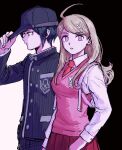  1boy 1girl ahoge akamatsu_kaede bangs black_background black_headwear blonde_hair breasts danganronpa_(series) danganronpa_v3:_killing_harmony hair_ornament jacket large_breasts long_hair long_sleeves looking_at_viewer musical_note musical_note_hair_ornament necktie open_mouth parted_lips pink_eyes pink_vest pleated_skirt renshu_usodayo saihara_shuuichi school_uniform shirt short_hair skirt smile striped striped_jacket sweater_vest teeth vest white_background white_shirt 