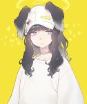  1girl animal_ears bangs baseball_cap black_hair blue_archive blunt_bangs casual choker closed_mouth dog_ears dog_girl halo hat hibiki_(blue_archive) highres long_hair looking_at_viewer purple_eyes s2j00 solo sparkle twintails upper_body wavy_hair yellow_background yellow_theme 