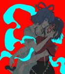  2girls bandaged_arm bandages black_hair black_skirt blue_dress blue_eyes blue_hair commentary dress expressionless frills grey_eyes hair_between_eyes hand_on_another's_face hand_on_another's_shoulder hat hat_ornament jiangshi kaku_seiga ktsis looking_at_viewer medium_hair miyako_yoshika multiple_girls ofuda ofuda_on_arm ofuda_on_head open_mouth outstretched_arms parted_bangs parted_lips red_background red_shirt shirt short_sleeves skirt smile star_(symbol) star_hat_ornament teeth touhou upper_teeth_only zombie_pose 