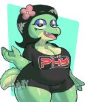  anthro black_hair clothed clothing crocodilian dulcine_(doomverse) female hair hi_res minty_(artist) partially_clothed reptile scalie slightly_chubby solo 