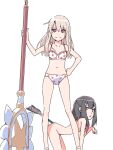  2girls akinbo_(hyouka_fuyou) all_fours bangs bare_arms black_hair bra closed_mouth collarbone fate/kaleid_liner_prisma_illya fate_(series) flat_chest grey_hair hair_between_eyes hand_on_hip holding holding_staff illyasviel_von_einzbern long_hair looking_at_viewer magical_ruby magical_sapphire miyu_edelfelt multiple_girls navel nude panties print_bra print_panties red_eyes simple_background smile staff straight_hair underwear underwear_only white_background white_bra white_panties yellow_eyes 