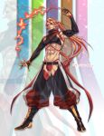  1boy abs arm_up black_footwear black_gloves braid bulge facial_mark fairy_ranmaru:anata_no_kokoro_otasuke_shimasu fire full_body gloves highres hoterase_homura long_hair male_focus orange_hair solo standing toned vanreito very_long_hair zoom_layer 