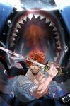  1boy absurdres beard_stubble commentary facial_hair highres holding holding_sword holding_weapon looking_at_viewer mrjieshisu one_piece open_mouth scar scar_across_eye scar_on_face shanks_(one_piece) shark sharp_teeth shirt smile stubble sword teeth underwater weapon white_shirt 
