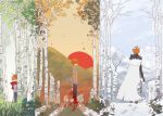  1boy age_progression ahoge autumn autumn_leaves behind_tree birch_tree black_pants blood blood_on_clothes blood_on_ground blood_on_shoes blue_eyes blue_sky building bush cape commentary english_commentary evening facing_away facing_to_the_side facing_viewer forest fur-trimmed_cape fur_trim genshin_impact green_leaf grey_shirt hiding highres holding holding_paper holding_sword holding_weapon implied_murder leaf male_focus mountain mountainous_horizon nature orange_hair outdoors overcast pants paper red_scarf scarf scenery shirt sky snow snow_on_head spring_(season) sunset sword tartaglia_(genshin_impact) time_lapse tree tree_stump tremeo1 weapon white_cape white_sky winter yellow_leaves yellow_sky 